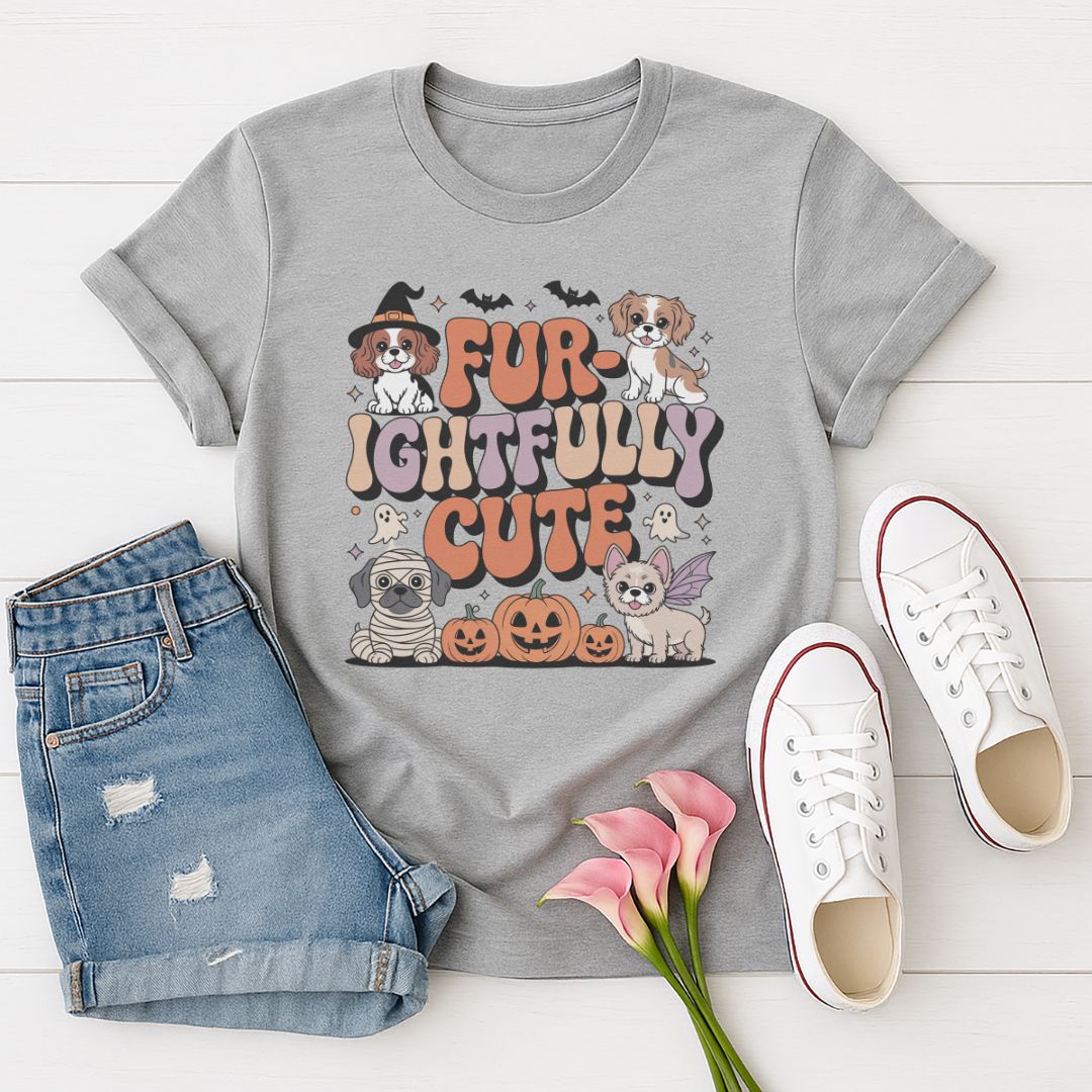 Sport Gray Gildan 6400 unisex t-shirt with retro dog graphic and ‘Fur-ightfully Cute' text, perfect for dog lovers.
