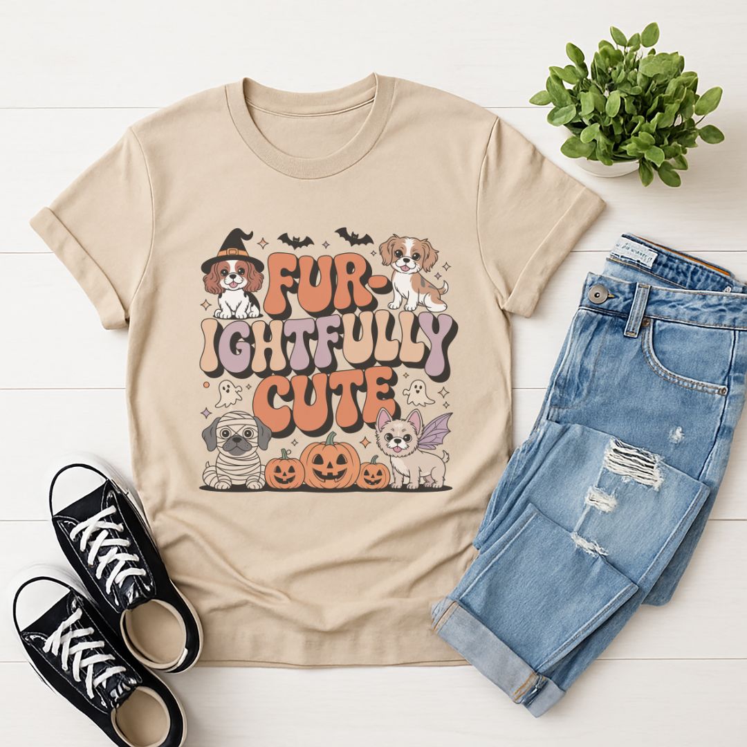 Sand Beige Gildan 6400 unisex t-shirt with retro dog graphic and ‘Fur-ightfully Cute' text, perfect for dog lovers.