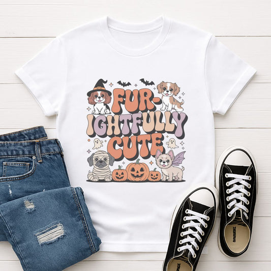 White Gildan 6400 unisex t-shirt with retro dog graphic and ‘Fur-ightfully Cute' text, perfect for dog lovers.
