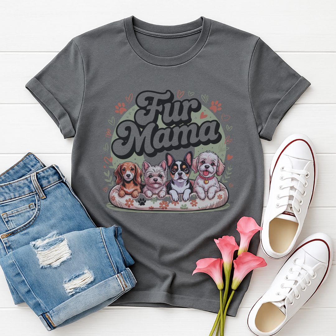 Charcoal Gray Gildan 6400 unisex t-shirt with retro dog graphic and ‘Fur Mama' text, perfect for dog lovers.