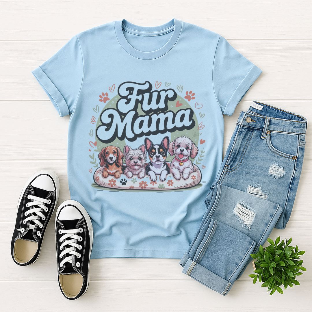 Light blue Gildan 6400 unisex t-shirt with retro dog graphic and ‘Fur Mama' text, perfect for dog lovers.