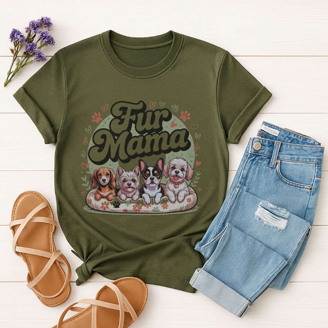 Military Green Gildan 6400 unisex t-shirt with retro dog graphic and ‘Fur Mama' text, perfect for dog lovers.