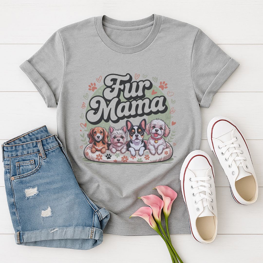 Sport Gray Gildan 6400 unisex t-shirt with retro dog graphic and ‘Fur Mama' text, perfect for dog lovers.