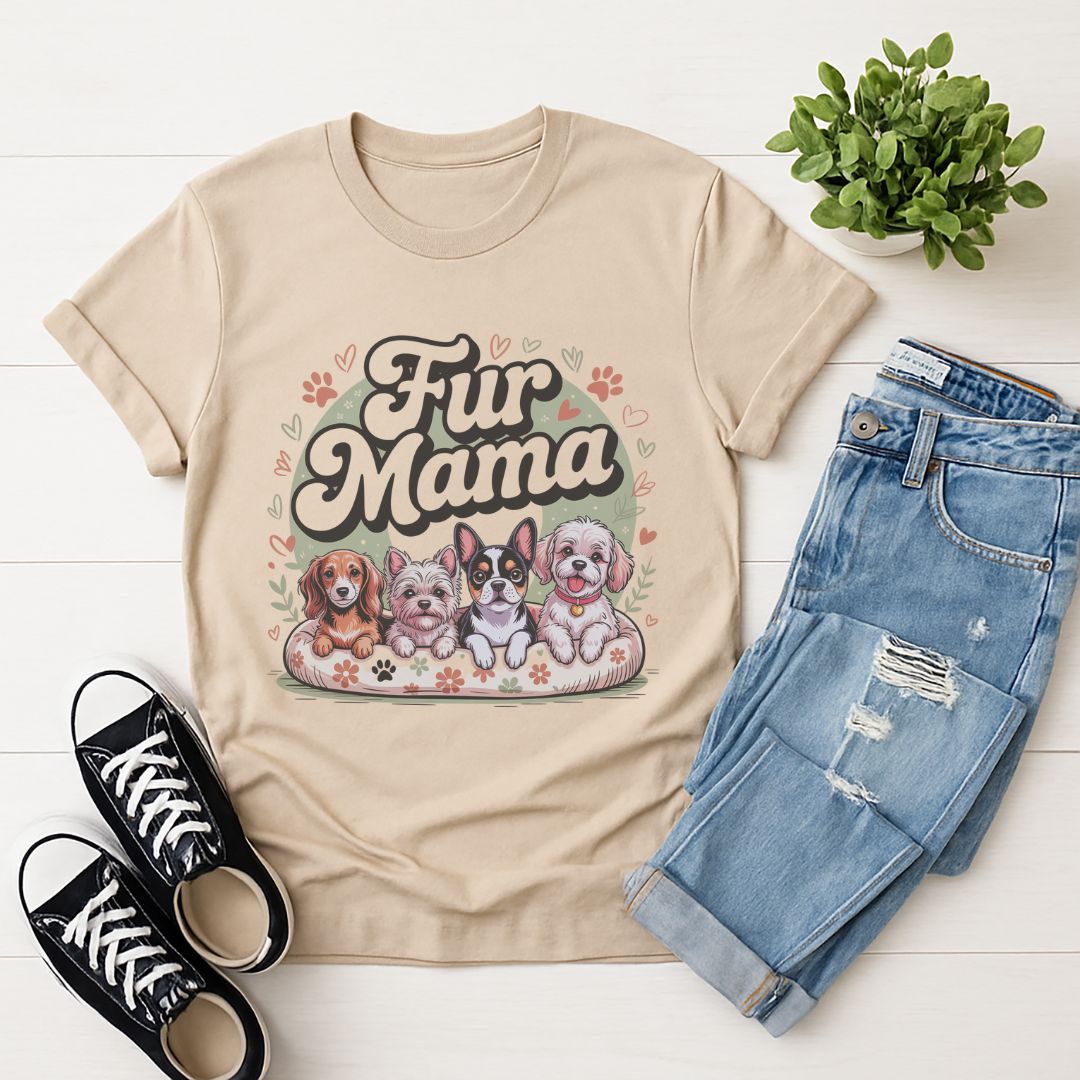 Sand Beige Gildan 6400 unisex t-shirt with retro dog graphic and ‘Fur Mama' text, perfect for dog lovers.