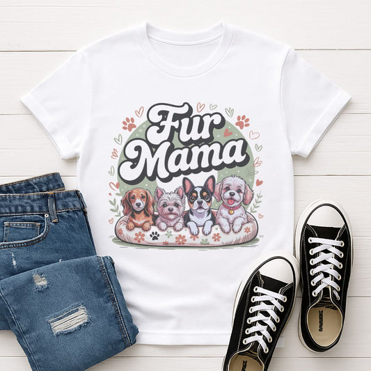 White Gildan 6400 unisex t-shirt with retro dog graphic and ‘Fur Mama' text, perfect for dog lovers.