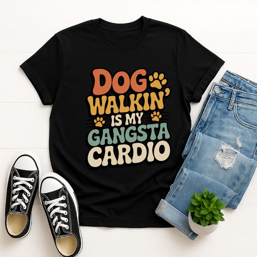 Black Gildan 6400 unisex t-shirt with retro dog graphic and ‘Dog Walkin Is My Gangsta Cardio' text, perfect for dog lovers.