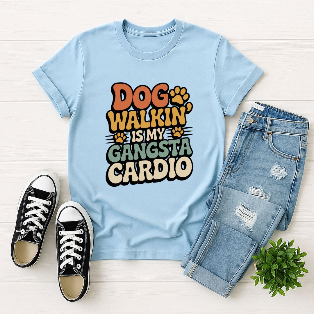 Light blue Gildan 6400 unisex t-shirt with retro dog graphic and ‘Dog Walkin Is My Gangsta Cardio' text, perfect for dog lovers.