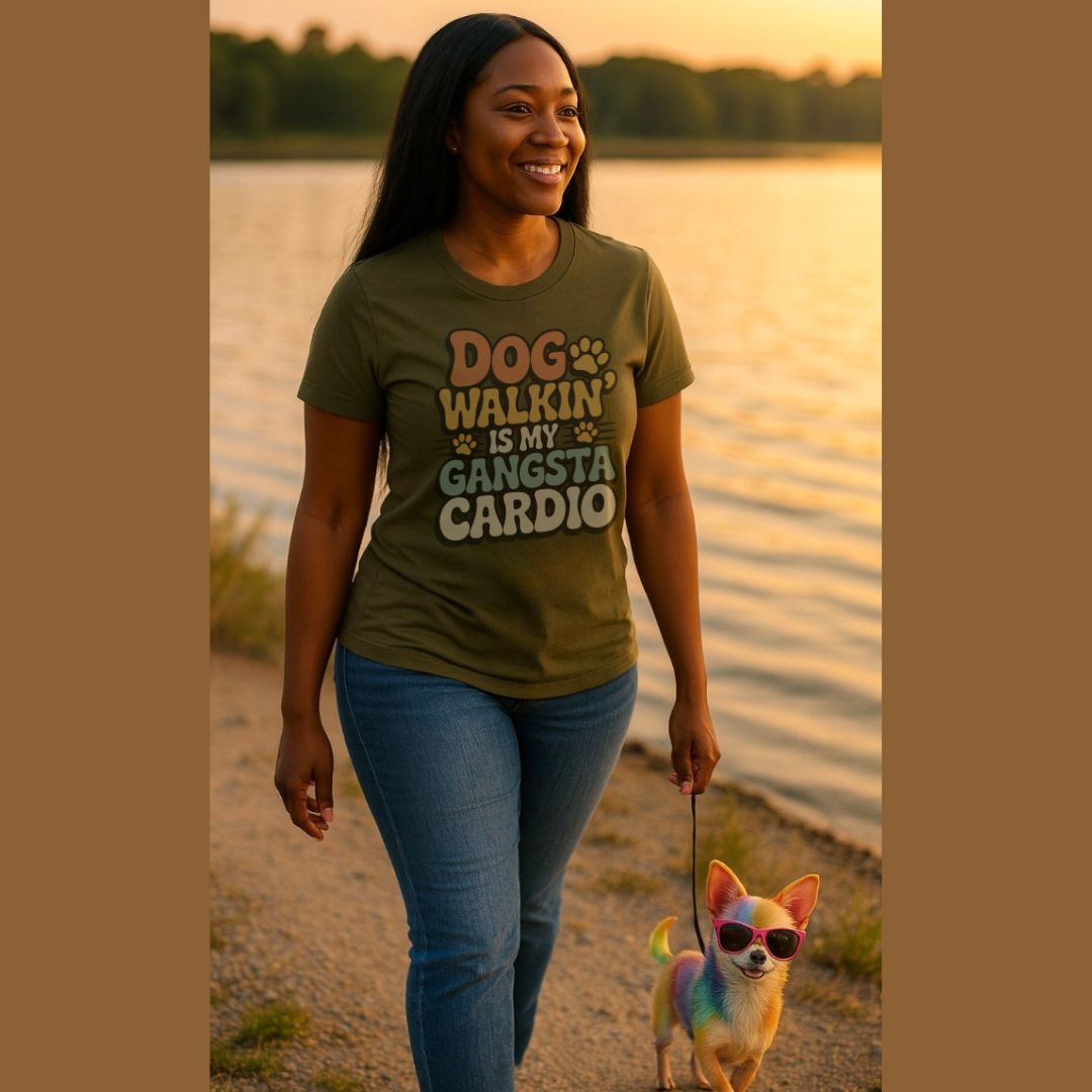 Military Green unisex t-shirt with retro dog graphic and ‘Dog Walkin Is My Gangsta Cardio' text, perfect for dog lovers.