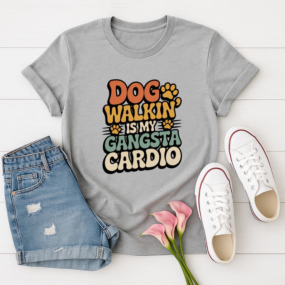 Sport Gray Gildan 6400 unisex t-shirt with retro dog graphic and ‘Dog Walkin Is My Gangsta Cardio' text, perfect for dog lovers.