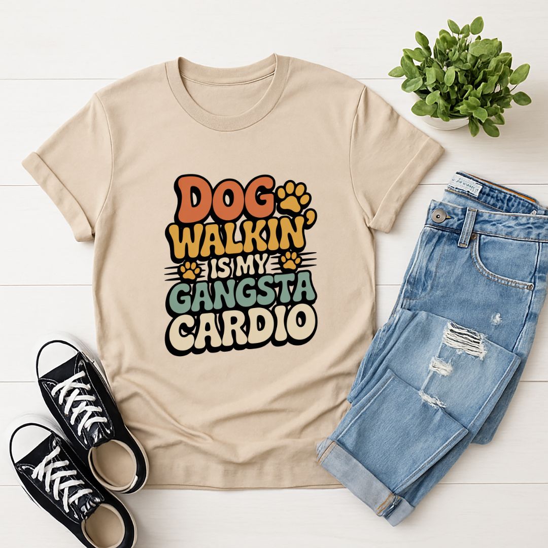 Sand Beige Gildan 6400 unisex t-shirt with retro dog graphic and ‘Dog Walkin Is My Gangsta Cardio' text, perfect for dog lovers.