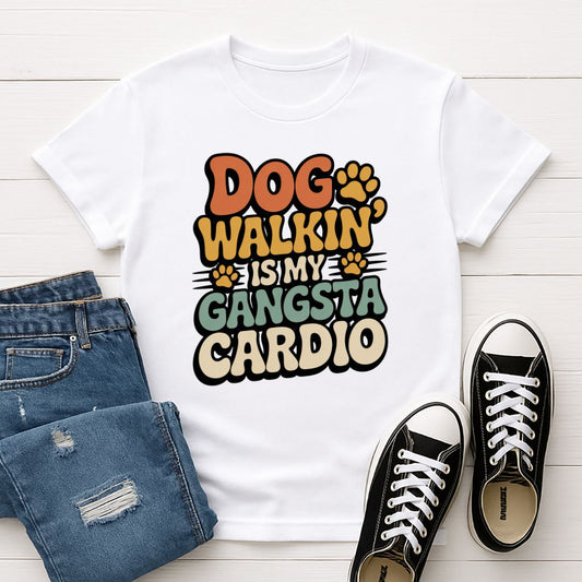 White Gildan 6400 unisex t-shirt with retro dog graphic and ‘Dog Walkin Is My Gangsta Cardio' text, perfect for dog lovers.