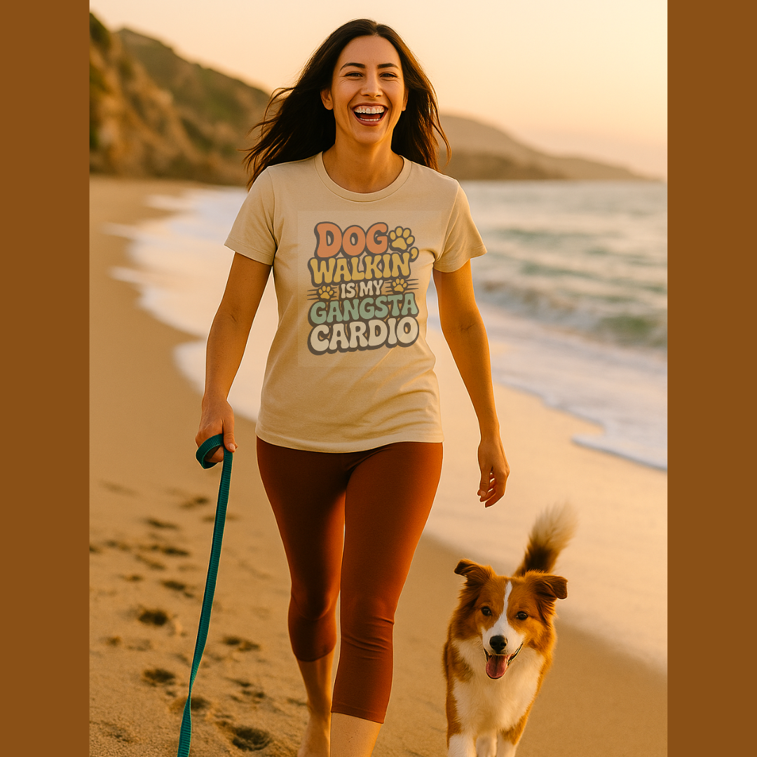 Unisex t-shirt with retro dog graphic and ‘Dog Walkin Is My Gangsta Cardio' text, perfect for dog lovers.