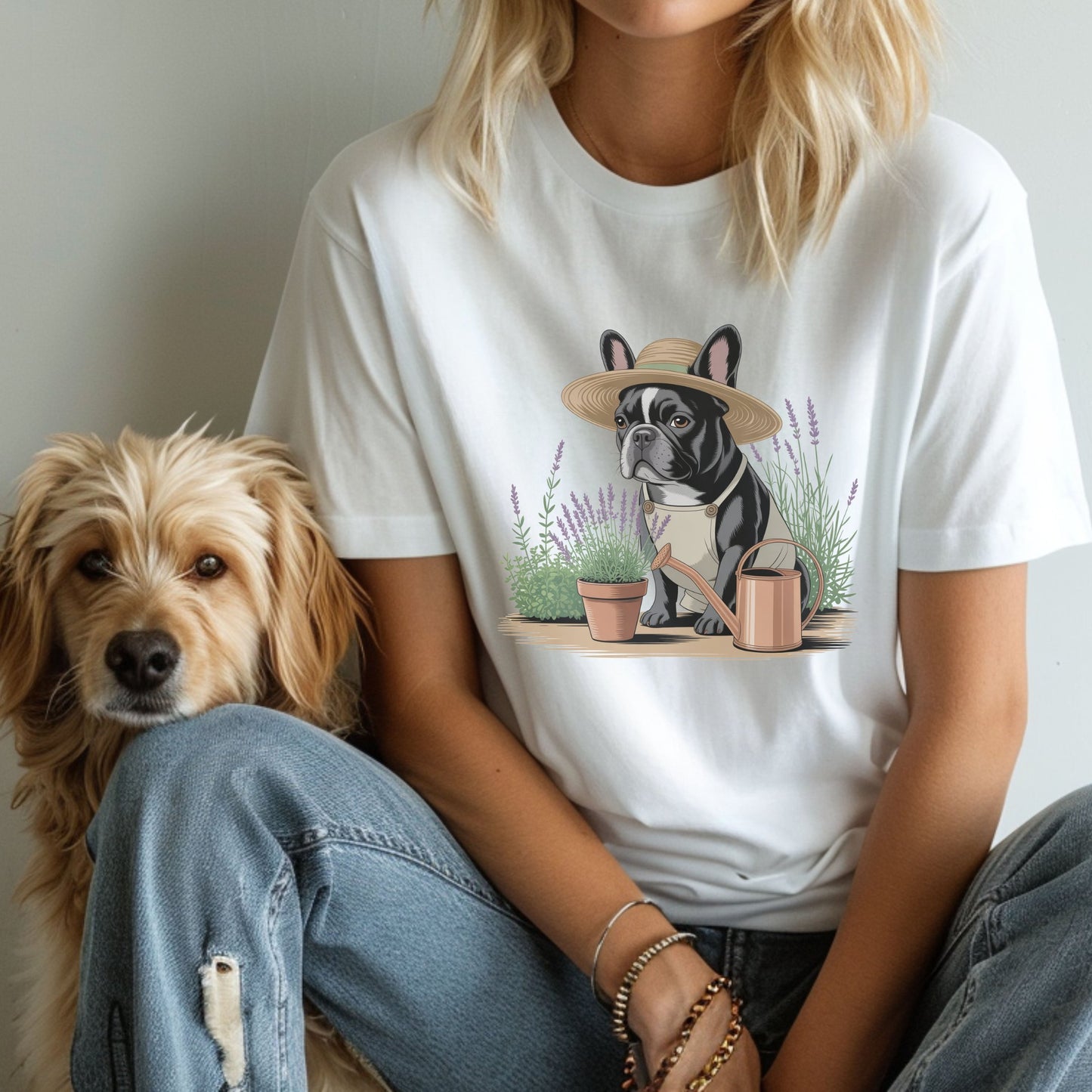 White Gildan 6400 unisex t-shirt with retro dog graphic and ‘Gardener’ text, perfect for dog lovers.