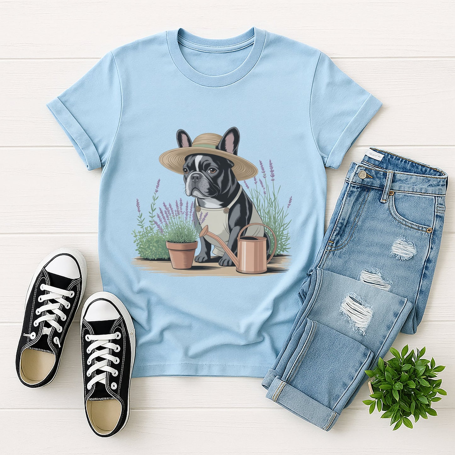Light blue Gildan 6400 unisex t-shirt with retro dog graphic and ‘Gardener’ text, perfect for dog lovers.