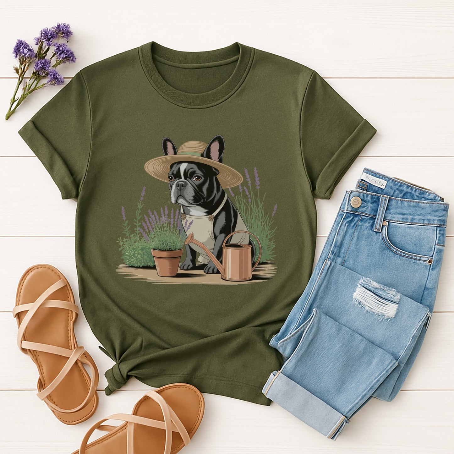 Military Green Gildan 6400 unisex t-shirt with retro dog graphic and ‘Gardener’ text, perfect for dog lovers.