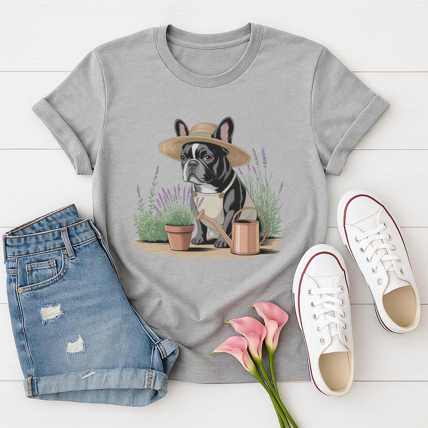 Sport Gray Gildan 6400 unisex t-shirt with retro dog graphic and ‘Gardener’ text, perfect for dog lovers.