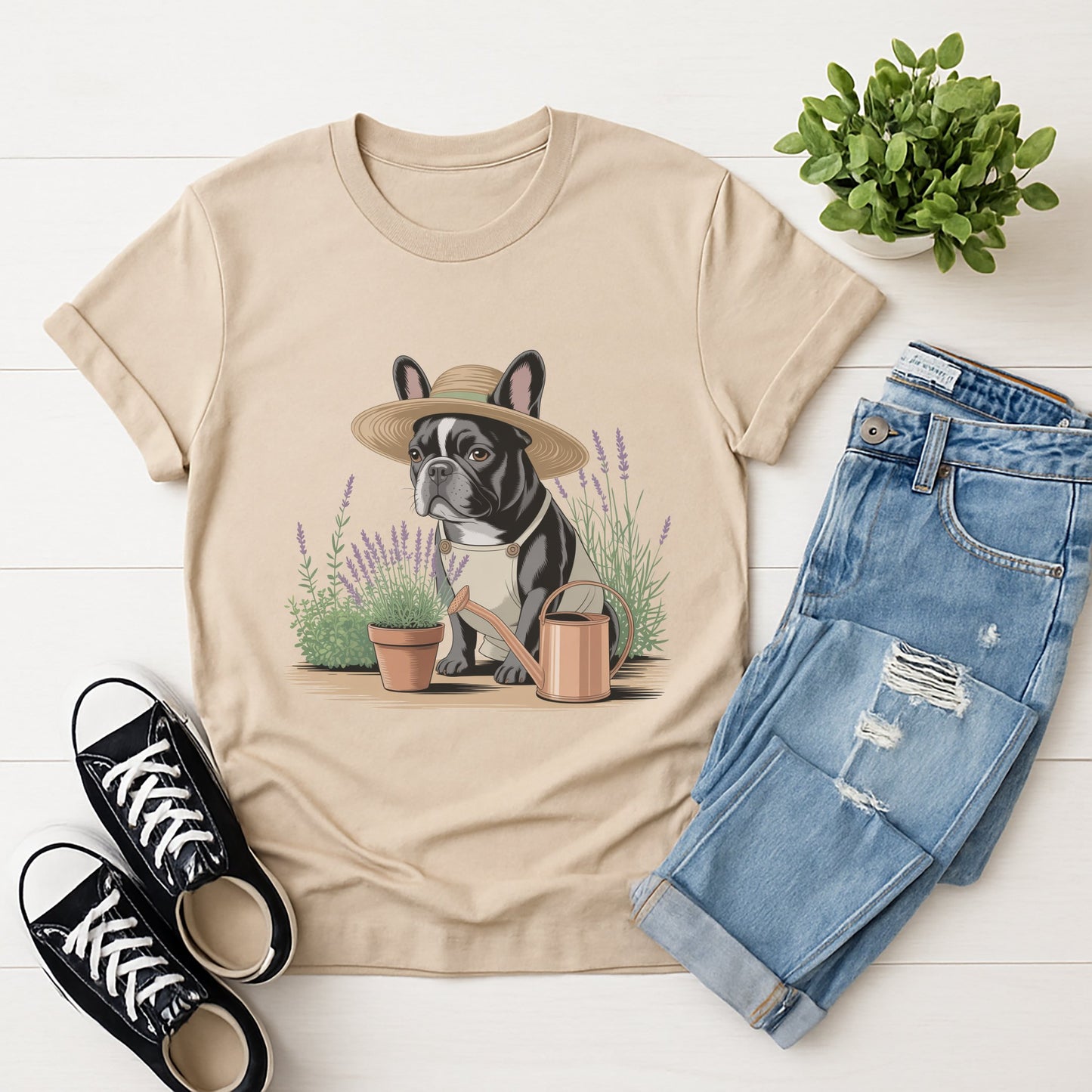 Sand Beige Gildan 6400 unisex t-shirt with retro dog graphic and ‘Gardener’ text, perfect for dog lovers.