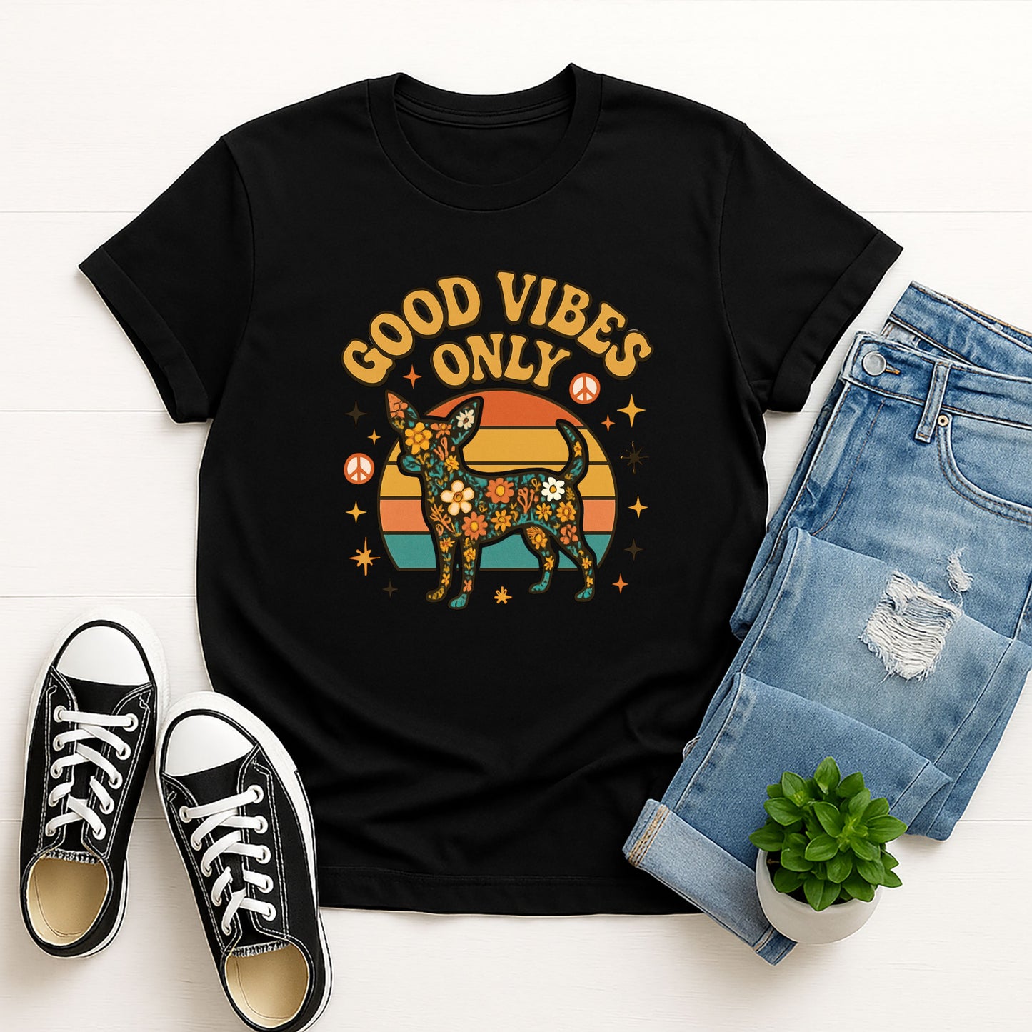 Black Gildan 6400 unisex t-shirt with retro dog graphic and ‘Good Vibes Only text, perfect for dog lovers.