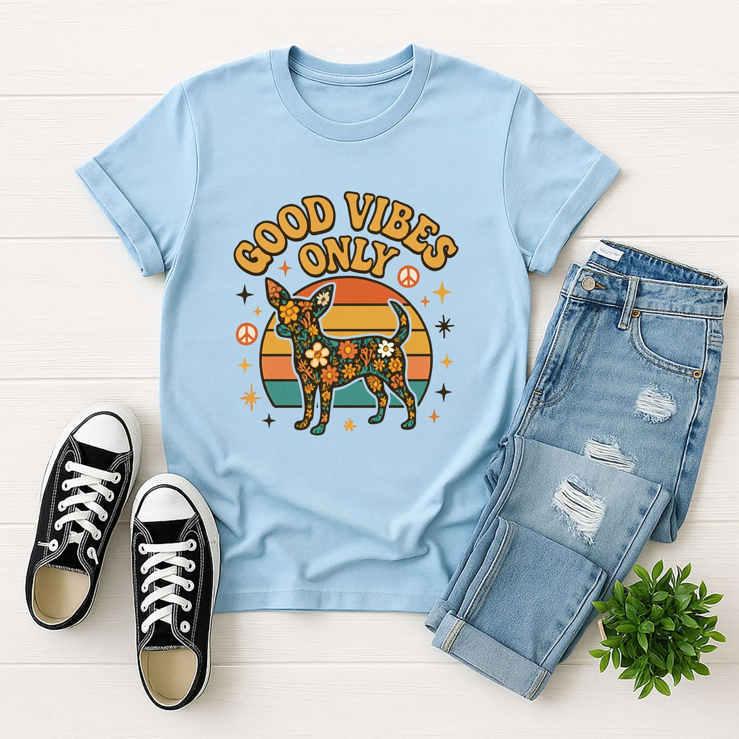 Light Blue Gildan 6400 unisex t-shirt with retro dog graphic and ‘Good Vibes Only text, perfect for dog lovers.