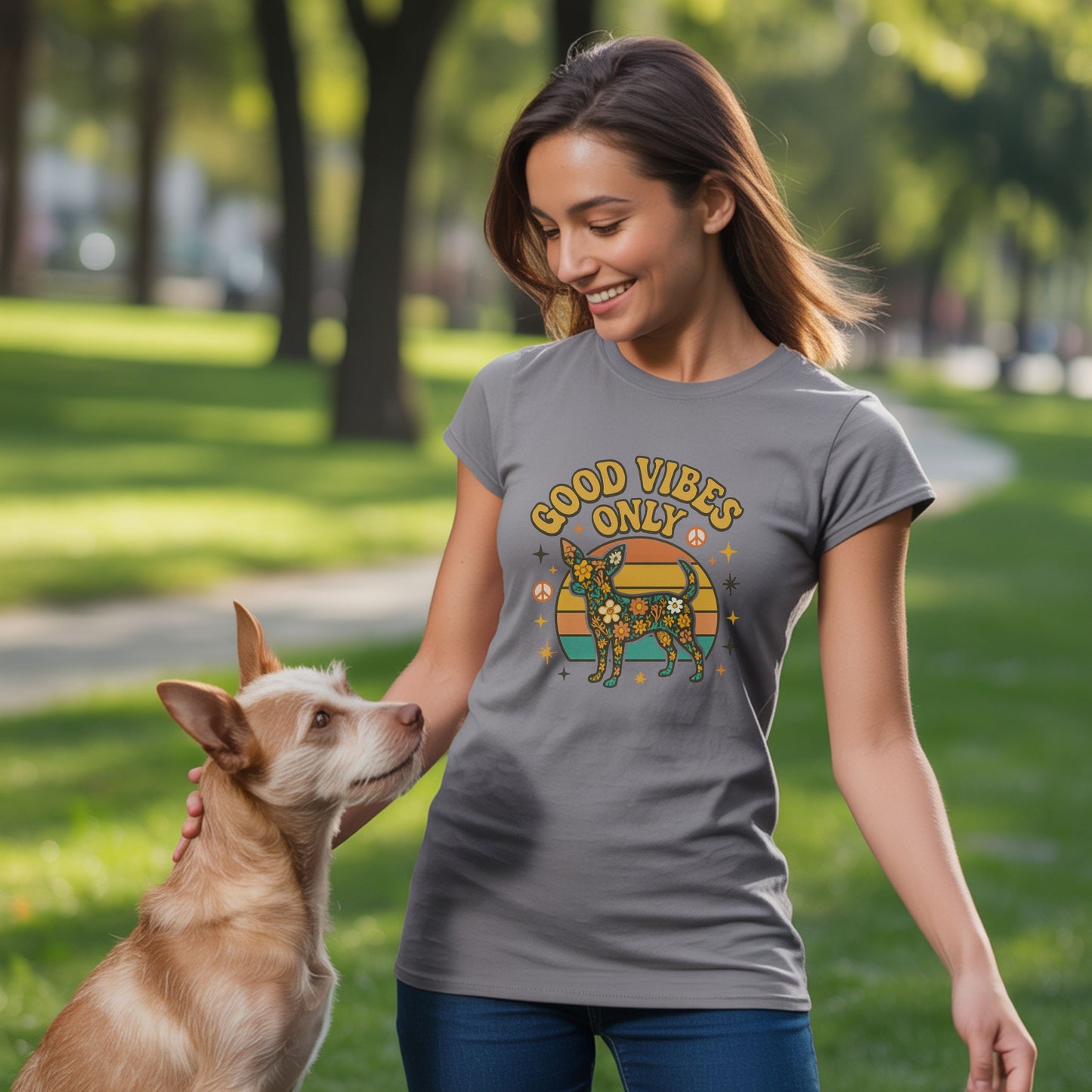 Unisex t-shirt with retro dog graphic and ‘Good Vibes Only text, perfect for dog lovers.