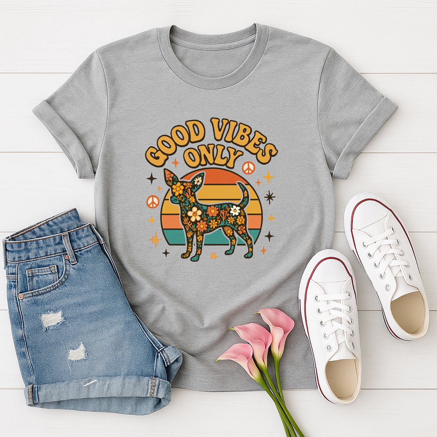 Sport Gray Gildan 6400 unisex t-shirt with retro dog graphic and ‘Good Vibes Only text, perfect for dog lovers.
