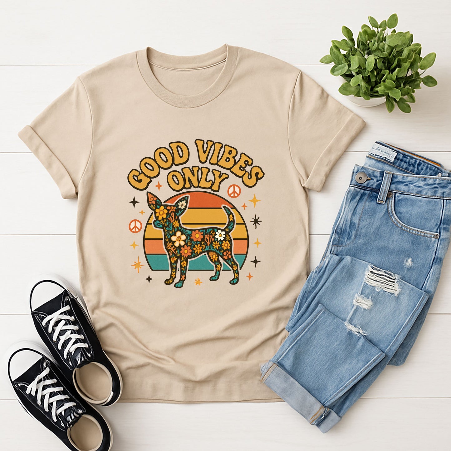 Sand Beige Gildan 6400 unisex t-shirt with retro dog graphic and ‘Good Vibes Only text, perfect for dog lovers.