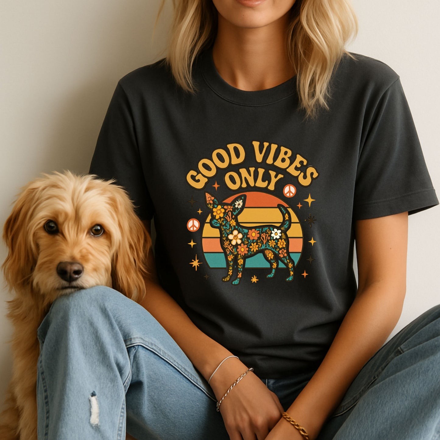 Unisex t-shirt with retro dog graphic and ‘Good Vibes Only text, perfect for dog lovers.