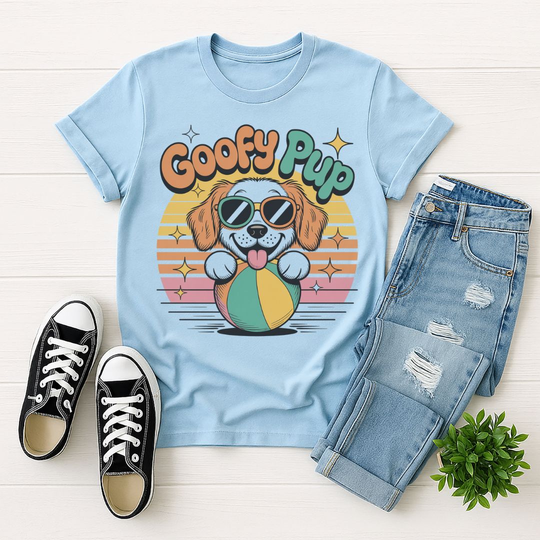 Light Blue Gildan 6400 unisex t-shirt with retro dog graphic and ‘Goofy Pup’ text, perfect for dog lovers.