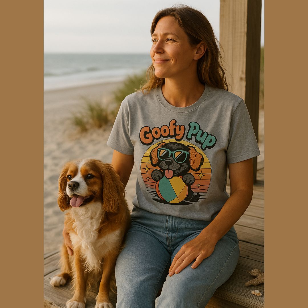 Sport Gray unisex t-shirt with retro dog graphic and ‘Goofy Pup’ text, perfect for dog lovers.