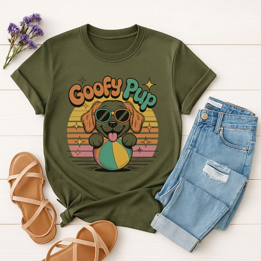 Military Green Gildan 6400 unisex t-shirt with retro dog graphic and ‘Goofy Pup’ text, perfect for dog lovers.