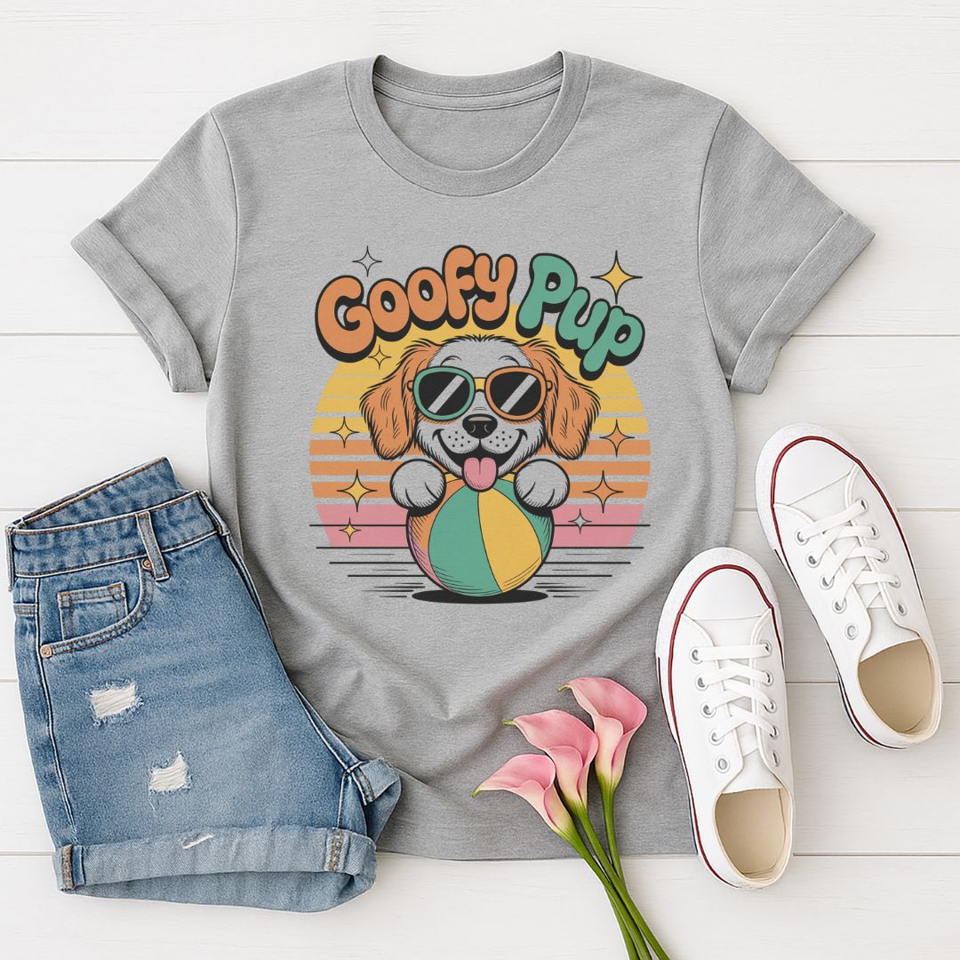 Sport Gray Gildan 6400 unisex t-shirt with retro dog graphic and ‘Goofy Pup’ text, perfect for dog lovers.