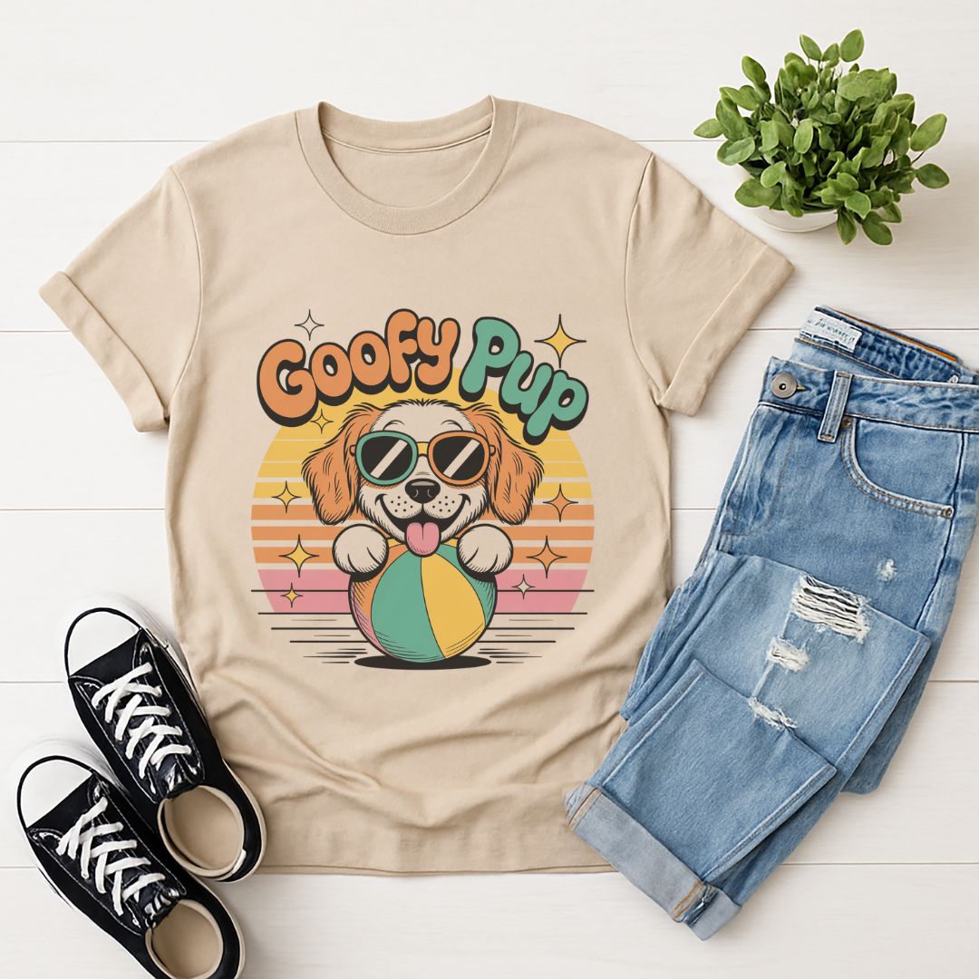Sand Beige Gildan 6400 unisex t-shirt with retro dog graphic and ‘Goofy Pup’ text, perfect for dog lovers.