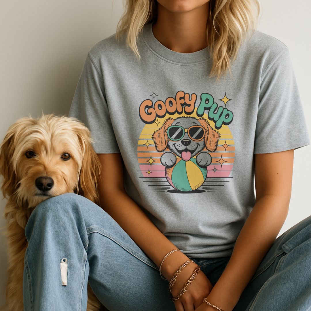 Sport Gray unisex t-shirt with retro dog graphic and ‘Goofy Pup’ text, perfect for dog lovers.