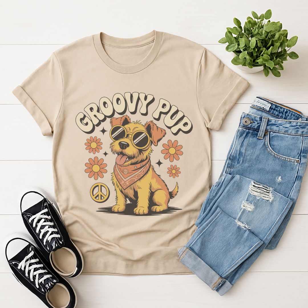 Sand Beige Gildan 6400 unisex t-shirt with retro dog graphic and ‘Groovy Pup’ text, perfect for dog lovers.