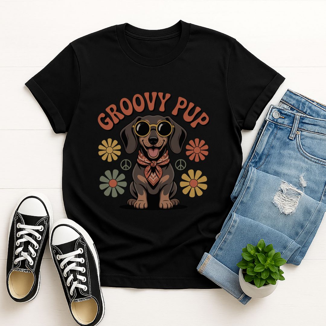 Black Gildan 6400 unisex t-shirt with retro dog graphic and ‘Groovy Pup’ text, perfect for dog lovers.