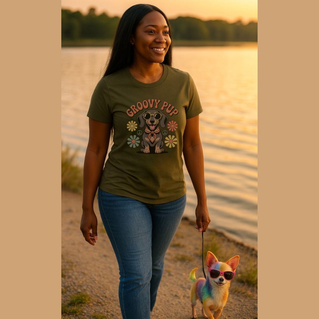 Military Green unisex t-shirt with retro dog graphic and ‘Groovy Pup’ text, perfect for dog lovers.