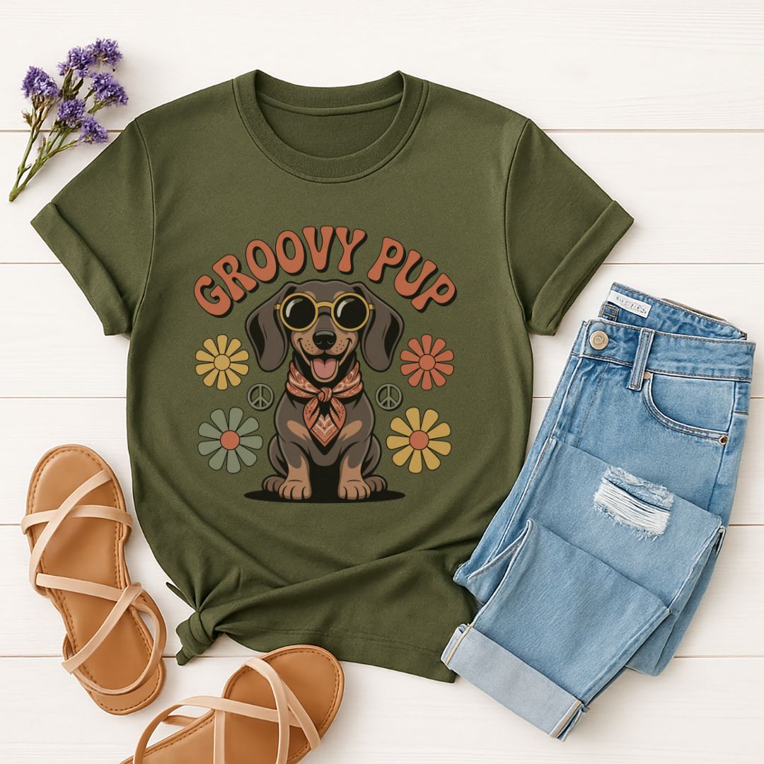 Military Green Gildan 6400 unisex t-shirt with retro dog graphic and ‘Groovy Pup’ text, perfect for dog lovers.