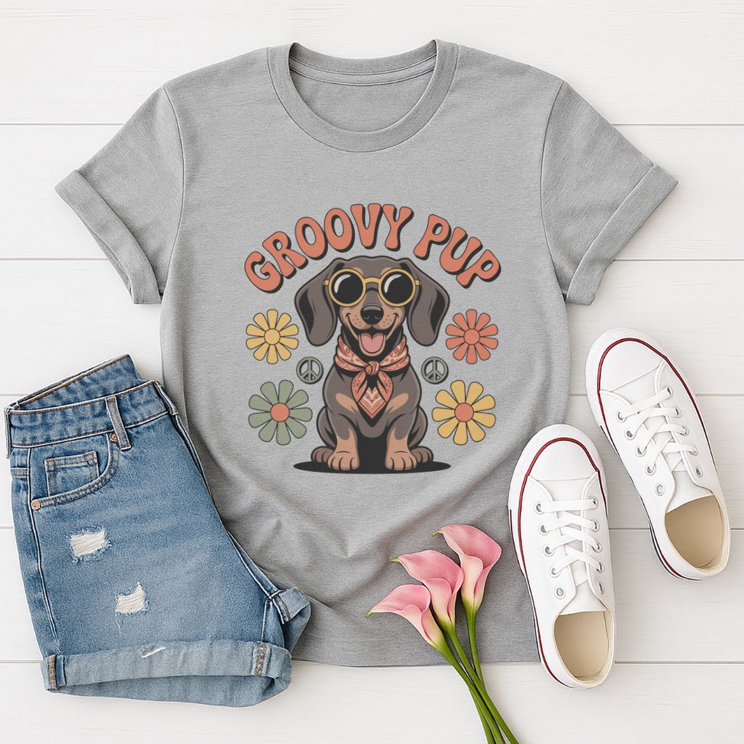 Sport Gray Gildan 6400 unisex t-shirt with retro dog graphic and ‘Groovy Pup’ text, perfect for dog lovers.