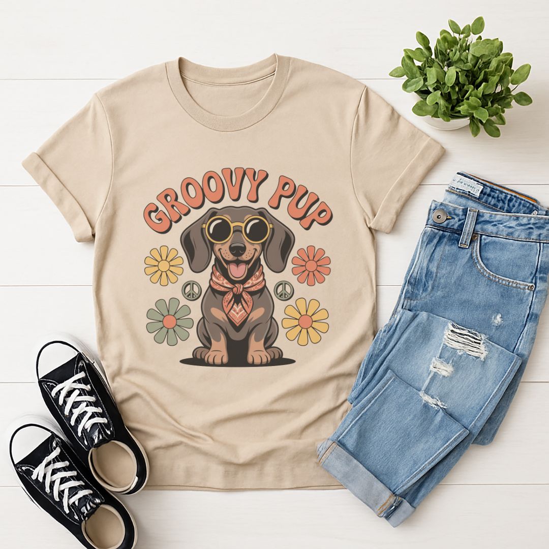 Sand Beige Gildan 6400 unisex t-shirt with retro dog graphic and ‘Groovy Pup’ text, perfect for dog lovers.