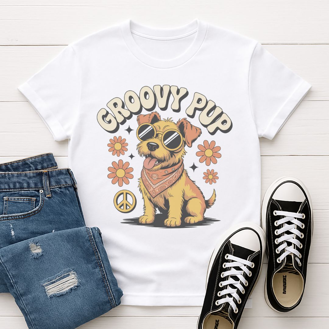 White Gildan 6400 unisex t-shirt with retro dog graphic and ‘Groovy Pup’ text, perfect for dog lovers.