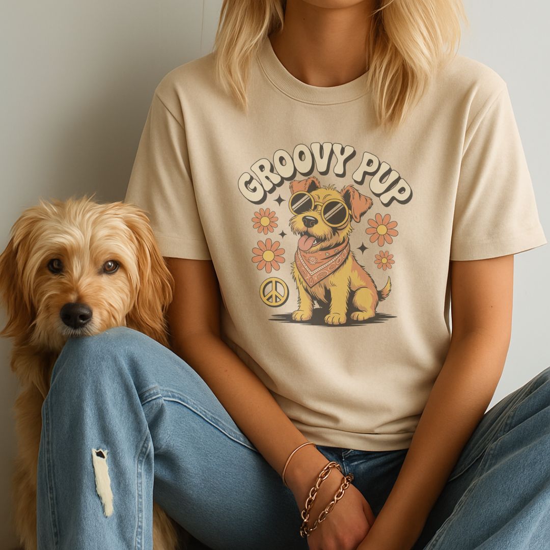 Sand Beige Gildan 6400 unisex t-shirt with retro dog graphic and ‘Groovy Pup’ text, perfect for dog lovers.