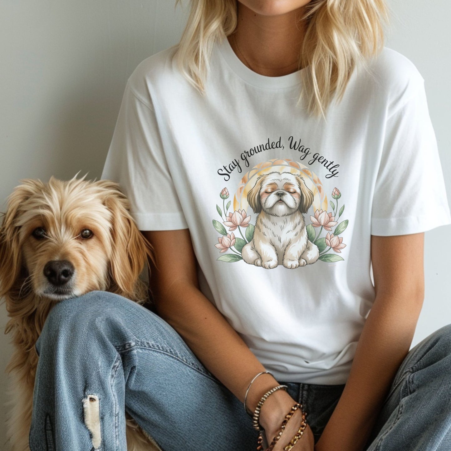 WHITE unisex t-shirt with retro dog graphic and ‘Stay Grounded, Wag gently’ text, perfect for dog lovers.