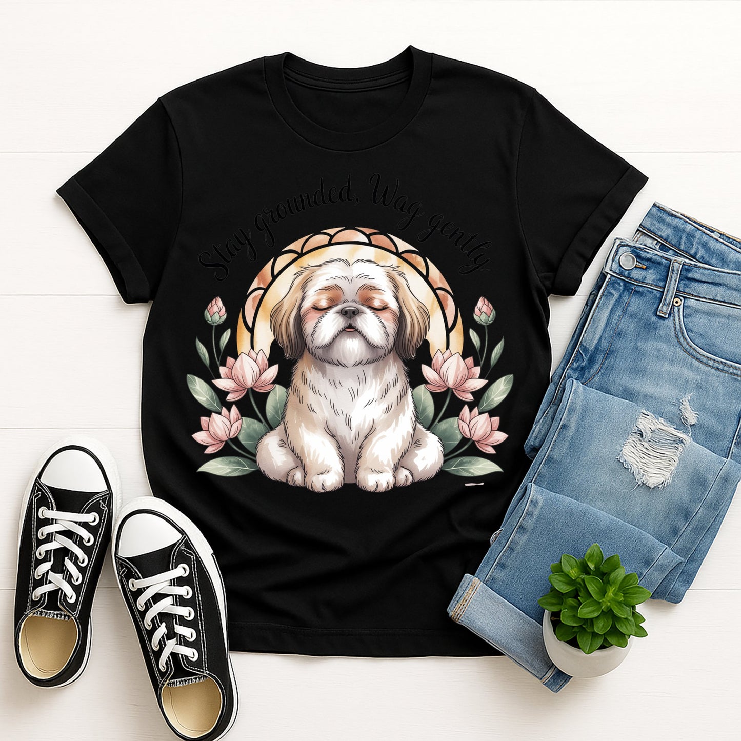 Black Gildan 6400 unisex t-shirt with retro dog graphic and ‘Stay Grounded, Wag gently’ text, perfect for dog lovers.