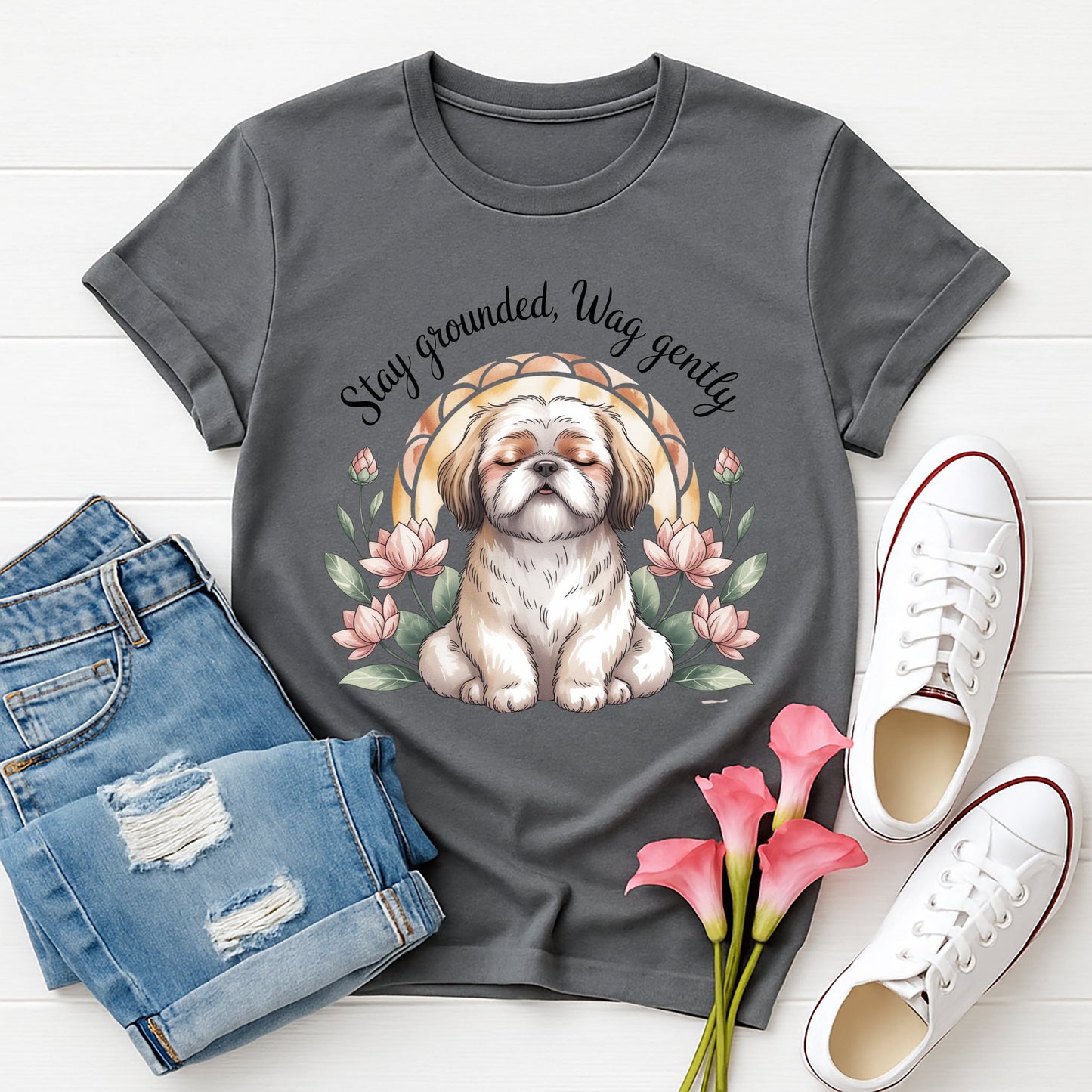Charcoal Gray Gildan 6400 unisex t-shirt with retro dog graphic and ‘Stay Grounded, Wag gently’ text, perfect for dog lovers.