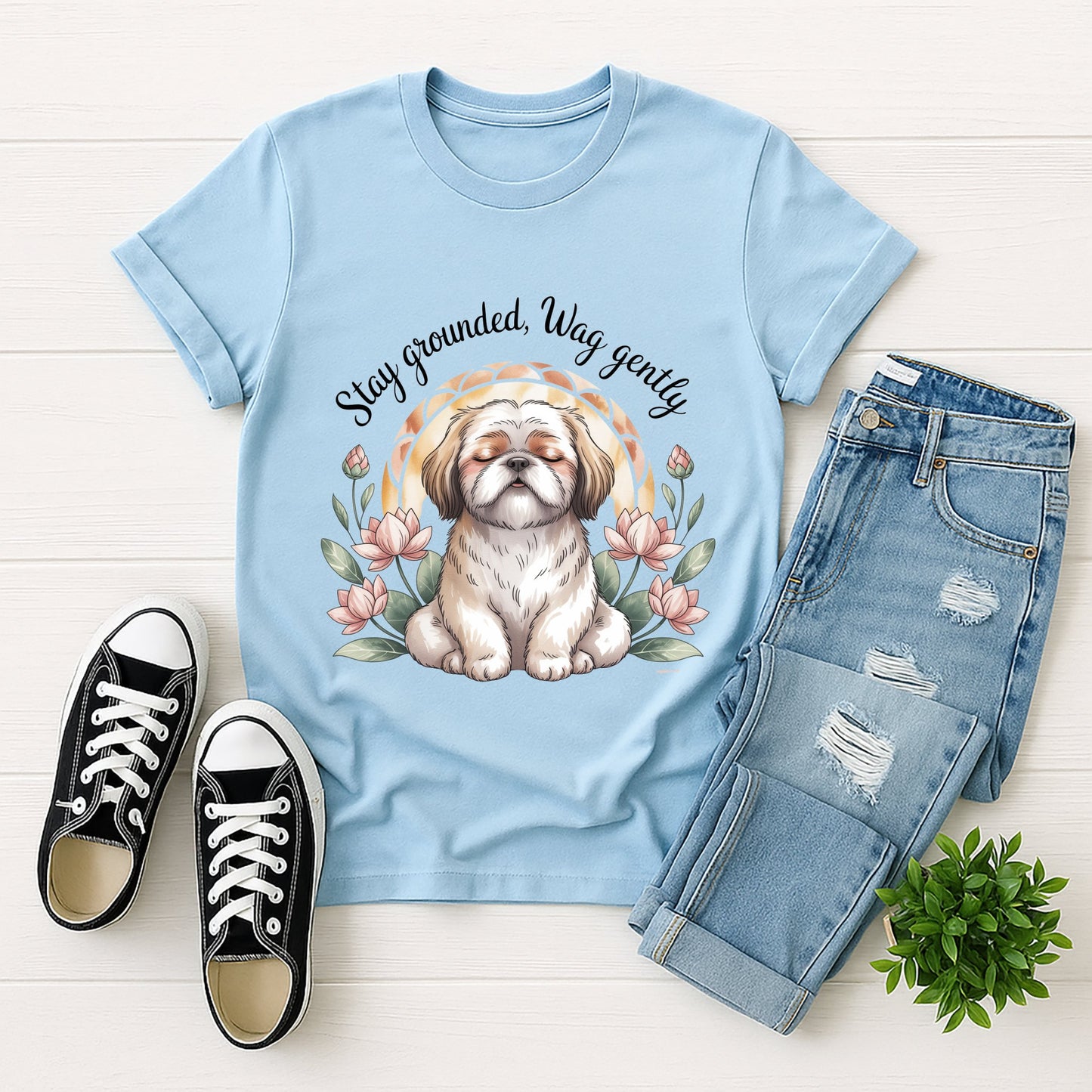 Light blue Gildan 6400 unisex t-shirt with retro dog graphic and ‘Stay Grounded, Wag gently’ text, perfect for dog lovers.