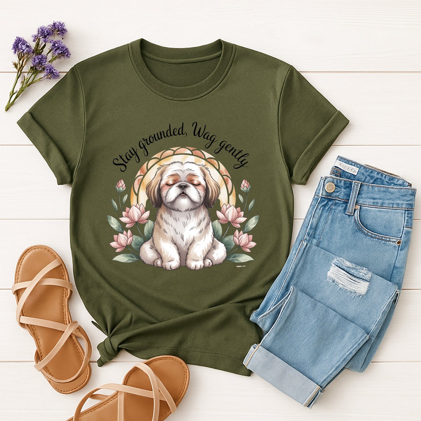 Military Green Gildan 6400 unisex t-shirt with retro dog graphic and ‘Stay Grounded, Wag gently’ text, perfect for dog lovers.