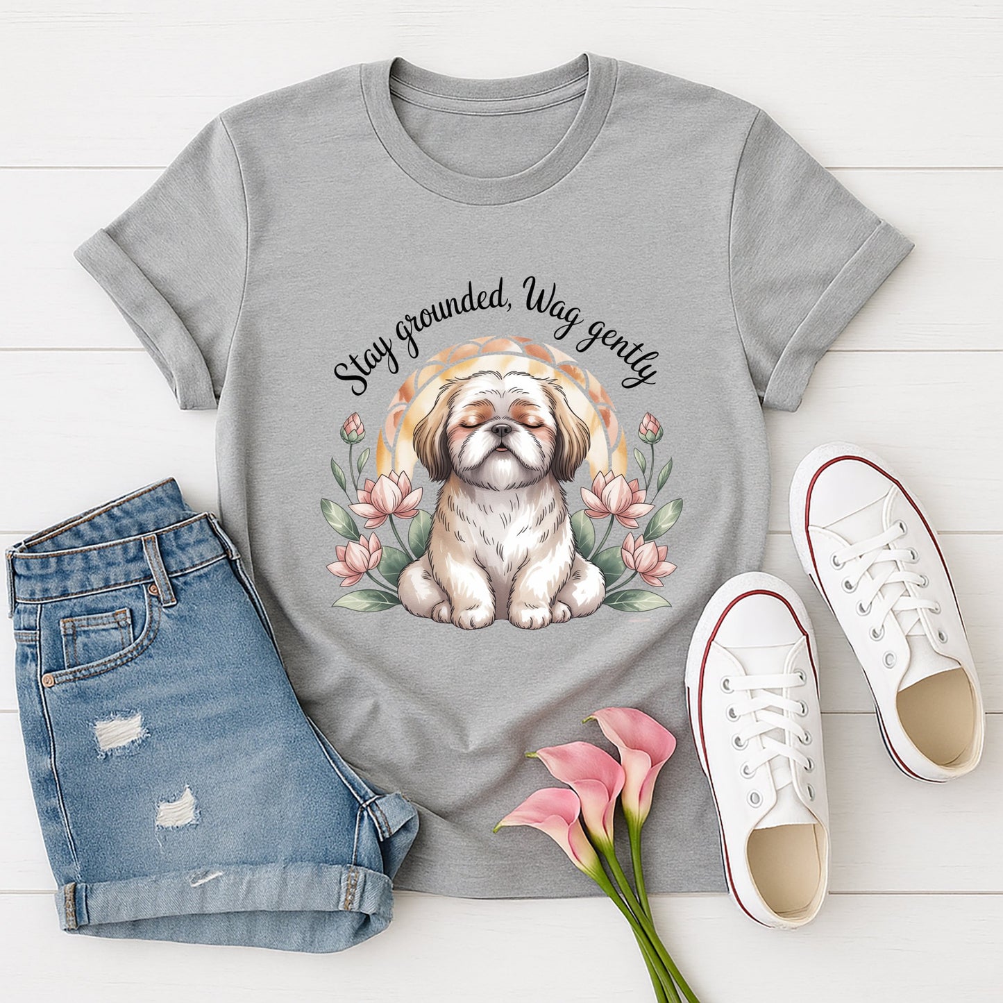 Sport Gray Gildan 6400 unisex t-shirt with retro dog graphic and ‘Stay Grounded, Wag gently’ text, perfect for dog lovers.