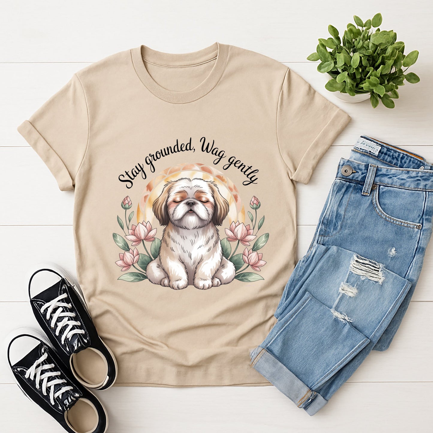 Sand Beige Gildan 6400 unisex t-shirt with retro dog graphic and ‘Stay Grounded, Wag gently’ text, perfect for dog lovers.