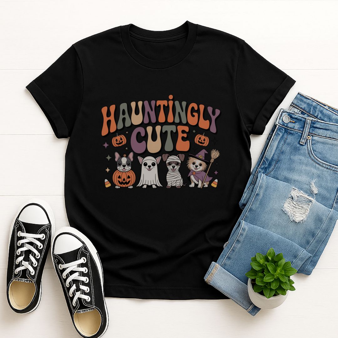 Black Gildan 6400 unisex t-shirt with retro dog graphic and ‘Hauntingly Cute' text, perfect for dog lovers.
