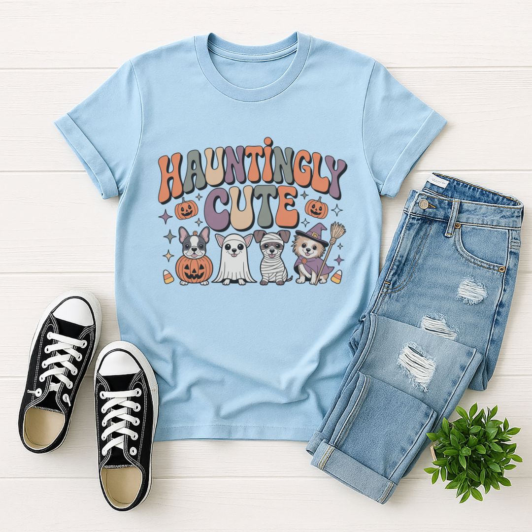 Light blue Gildan 6400 unisex t-shirt with retro dog graphic and ‘Hauntingly Cute' text, perfect for dog lovers.
